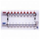 9-Loop Rhella 1" Stainless Steel Radiant Heat Manifold w/ Flow Meter