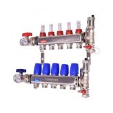 Legend Valve packaged stainless steel radiant floor heating manifold with fill/drain port, iso valves and temperature gauges